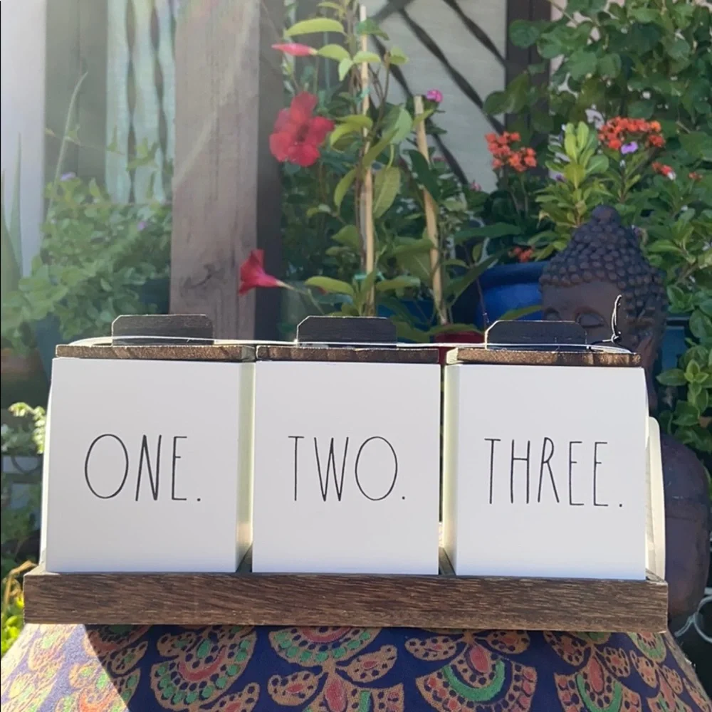 NEW Rae Dunn “ONE. TWO. THREE” 3 Piece Wooden Box Canister Set w/ Tray